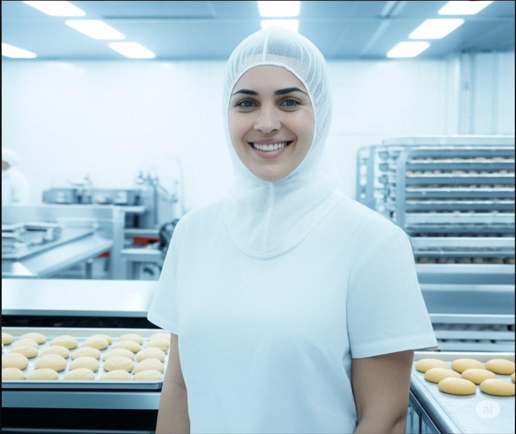 Profissional de cozinha usando touca balaclava em ambiente industrial